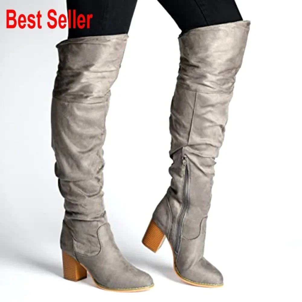 Faux Suede Over-the-Knee Boots with Stacked Heel and Ruched Detail